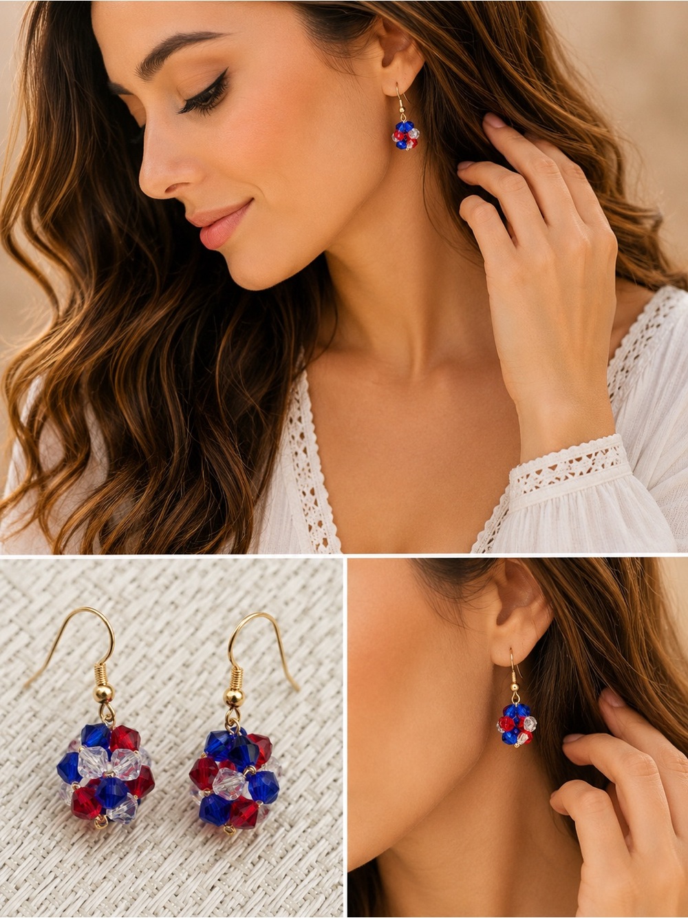 Go USA team Crystal Cluster Drop Earrings - Red, White & Blue 4th July earrings